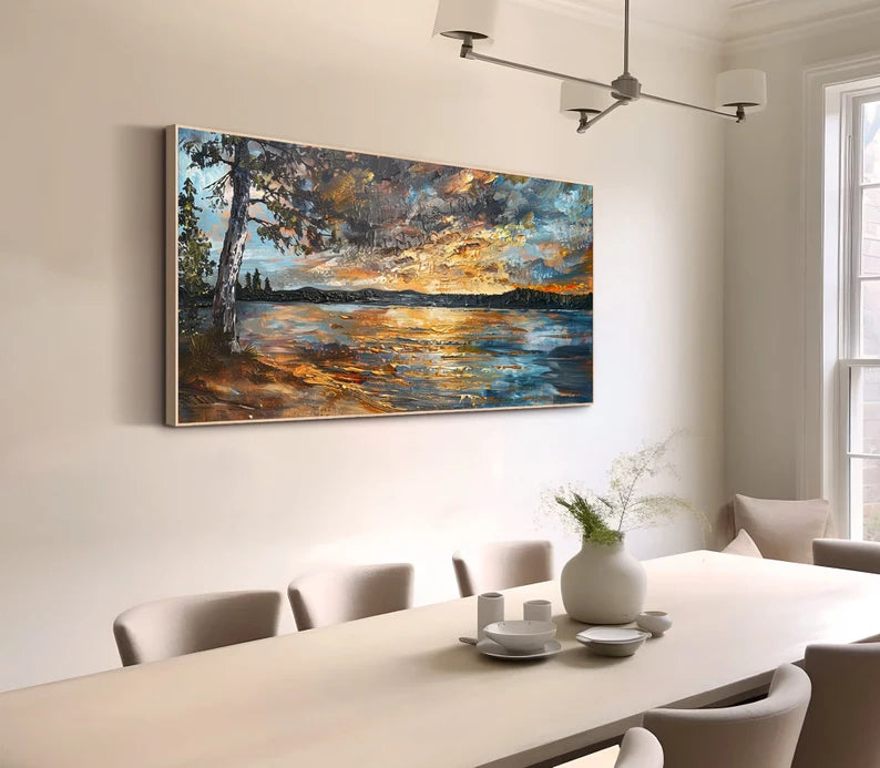 Original Sunset Oil Painting on Canvas Original Minimalist Abstract River Wall Art Living Room Wall Art Abstract Impasto 3d Texture Wall Art