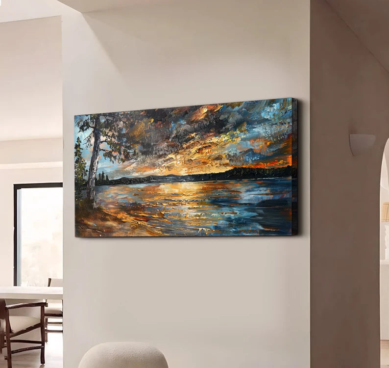 Original Sunset Oil Painting on Canvas Original Minimalist Abstract River Wall Art Living Room Wall Art Abstract Impasto 3d Texture Wall Art