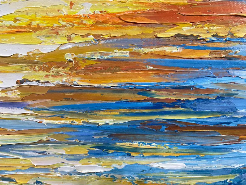 Original Sunset Oil Painting on Canvas Original Minimalist Abstract River Wall Art Living Room Wall Art Abstract Impasto 3d Texture Wall Art