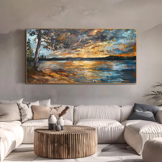 Original Sunset Oil Painting on Canvas Original Minimalist Abstract River Wall Art Living Room Wall Art Abstract Impasto 3d Texture Wall Art